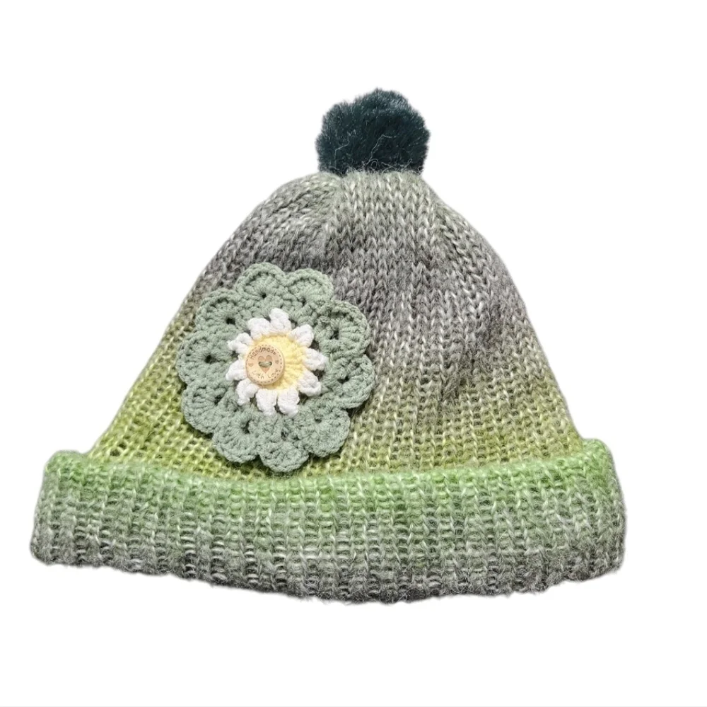Hand Crafted Crochet Winter 3pc Set Green Ombré Beanie Scarf gloves wool floral